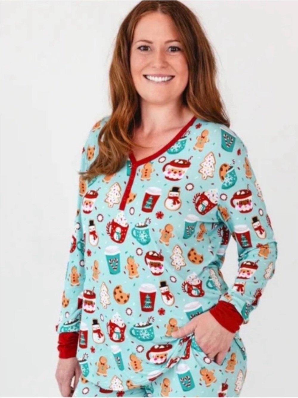 Little Sleepies Aqua Holiday Cookie & Cocoa Pajama Top with Red Trim